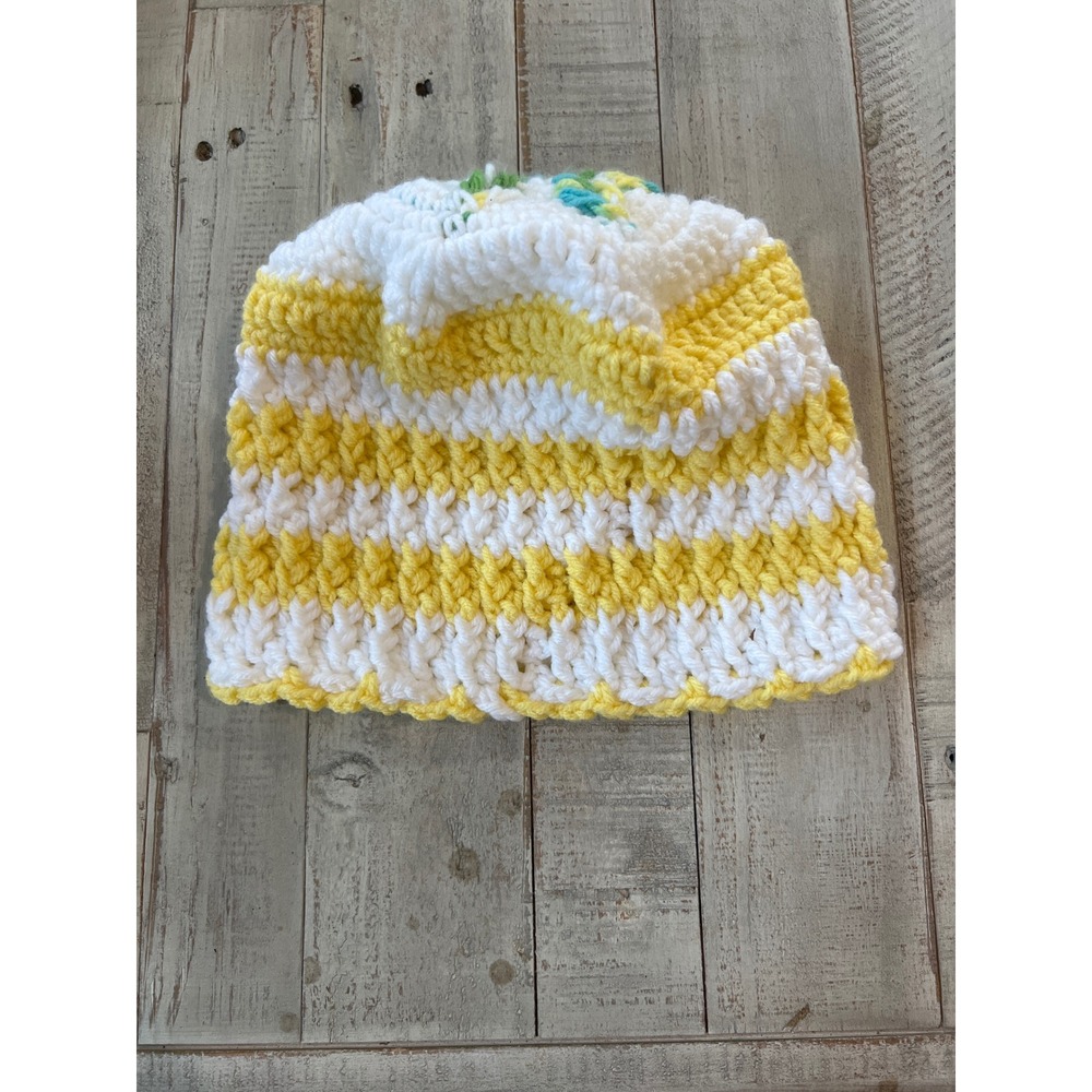 Handmade‎ Crochet Striped Beanie Yellow White Floral Accent Winter Hat Womens